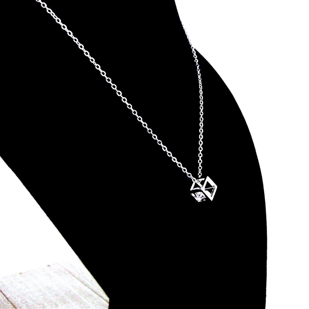Silver Cube with Cubic Zirconia Gem Necklace